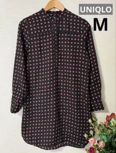 UNIQLO 총 무늬 스탠드 컬러 셔츠 무릎 길이 원피스 긴팔 M