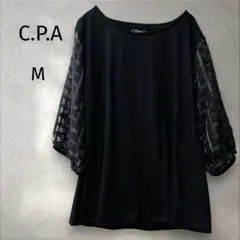 C.P.A＊シフォン袖 チュニック 黒 【M】透け袖 チェック柄 七分袖 上品