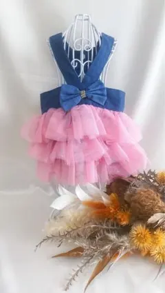 犬服用フリルドレス デニムブルーとピンク　Mサイズ