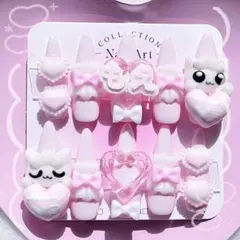 No.60 ハンドメイドネイルチップ ピンク 地雷 量産型 猫 萌 リボン