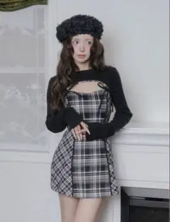 darich ダーリッチ ニットボレロダブルチェックミニワンピース ブラック