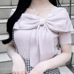 INGNI リボンオフショル半袖ニット ピンクベージュ