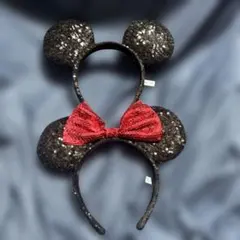 ディズニー　カチューシャ　ペア　スパンコール　　ミッキー　ミニー　赤　黒