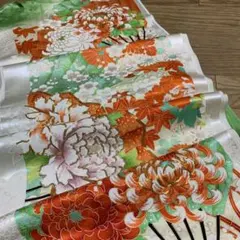 2068★振袖　正絹　金駒刺繍　扇面に四季花金彩　身頃ハギレ36×338★