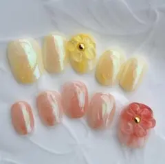 152.【全指アート】ぷっくりフラワー奥行きオーロラちゅるんニュアンスネイル