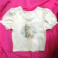 ショート丈　Tシャツ　こねこ　水色りぼん