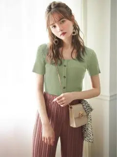 フロントリボンリブニットトップス