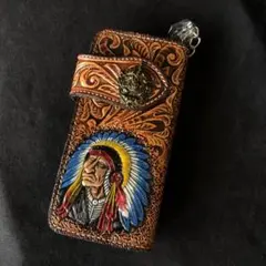 長財布　カービング　レザー　バイカーズ 本革　チェーン付き　ネイティブアメリカン