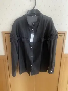 coen ノーカラー　フリル　デニムシャツ　L