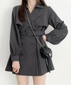 Heather ヘザー プリーツトレンチミニワンピース チャコールグレー