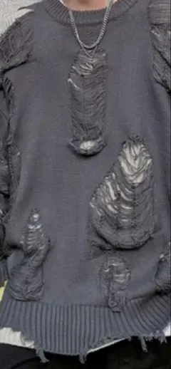 ダメージ加工 グレー オーバーサイズニット