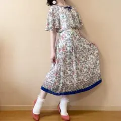 花柄 リボン付 フレンチスリーブ ワンピース 昭和レトロ ヴィンテージ 白 青