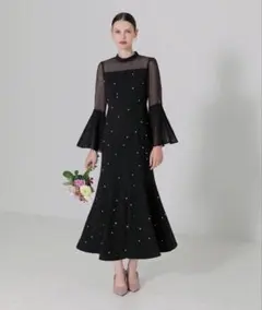 Leja パールビジュープリーツフレアスリーブビーズマーメイドシルエットドレス