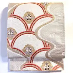 6k206 袋帯　絹　唐織　鶴　金色　白　赤　紫　柄物　和装　着物