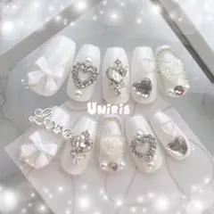 ネイルチップ　量産型　ハート　推し　オーダー　リボン　天使　ゆめかわ　白