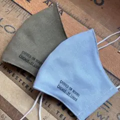 ハンドメイド布マスク★10123 大人用 綿麻 カーキ。ダンガリー 水色。白ゴム