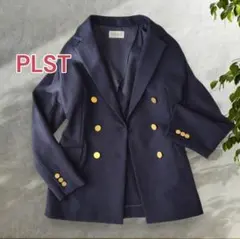 状態良好◎PLST プラステ ツイードライクポリ ダブルジャケット 紺 金ボタン