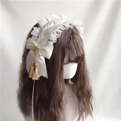 ロリータ ヘッドドレス ホワイト×金 レースリボン タッセル付き