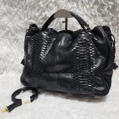 MONTOWA　ハンドバッグ　2way　黒　パイソン　フリンジ