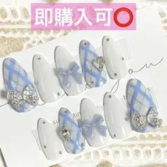 ネイルチップ現品オーダー量産型フレンチガーリーチェック韓国ワンホン白赤ピンク水色