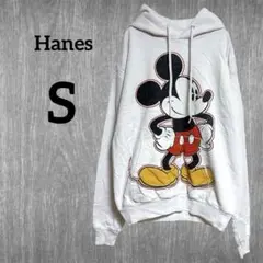 訳あり Hanes【S】Disney ミッキー 裏起毛 パーカー ホワイト 古着
