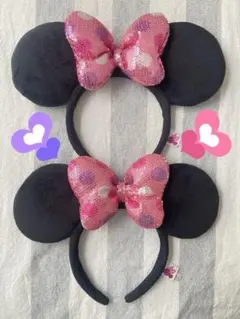 【即日発送】ミニー　カチューシャ　スパンコール　ピンク リボン 水玉 セット
