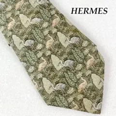 HERMES エルメス シルク100% ネクタイ 鳥 樹木 総柄 フランス製