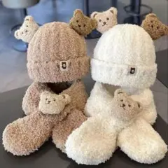 クマ耳付き帽子とマフラーセット　子供用