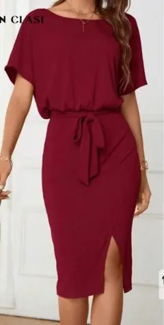 SHEIN バーガンディ 半袖タイトワンピース S