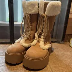 ファー付き厚底ロングブーツ ベージュ