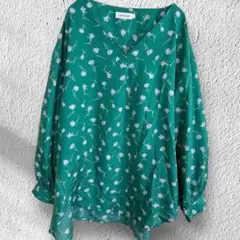 LEPSIM 花柄ブラウス グリーン L Vネック ドロップショルダー