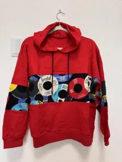レトロ　レコードデザイン フード付きパーカー 赤(Luchile) サイズM〜L