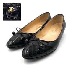 CHANEL】 シャネル ココマーク リボン フラットパンプス 36 黒系