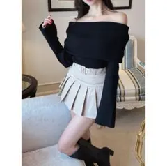 GRL オフショルダーフレアスリーブニットトップス オフベージュ