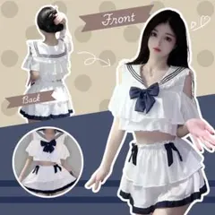 セーラー風 フリル上下セット ホワイト×ネイビー 可愛い コスプレ 衣装