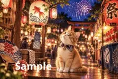夏祭り 猫 デジタルアート イラスト ポストカード