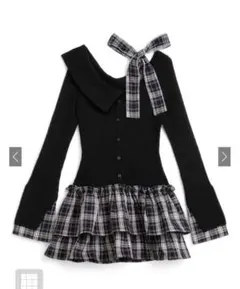 GRL チェック柄ドッキングワンショルダーリボンフリルニットワンピース