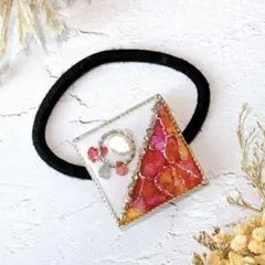 ヘアゴム　ピンク系×インクアート　パール　ハンドメイド