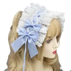 【美品】ロリータ フリルリボンヘッドドレス 水色 ライトブルー