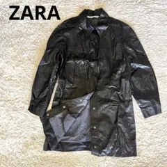【美品】ZARA レザーロングシャツ ワンピース 羽織り 黒 L レザー