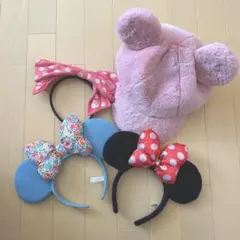 ディズニー　カチューシャ　キャップ　ミニー　スパンコール　ピンク　赤
