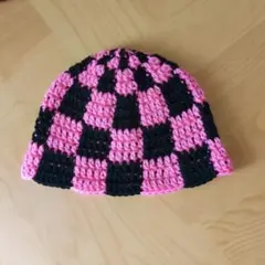 クロシェハット バケハ ビーニー クラッシャーハット ニット帽 手編 チェッカー