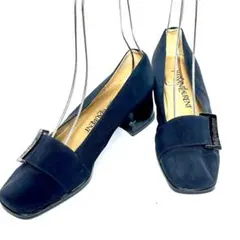 0223 YVES SAINT LAURENT パンプス サテン 黒 ロゴ金具