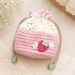 いちごとお花の巾着バッグ かぎ針編みハンドメイド 小物入れ ポーチ