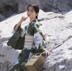 新品未使用 utatane うたたね 浴衣 単品 グリーンに松皮菱取と桔梗