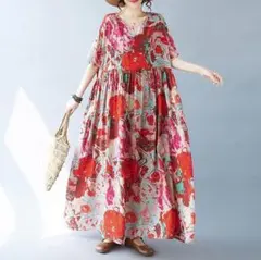 大きいサイズ レディース ロング　ワンピース　春夏 秋 新品 半袖　レッド