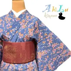 【J1116】洗える着物 小紋 袷 化繊 くすみの青 ピンク 赤茶 ～165cm