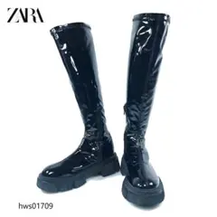 ZARA ロングブーツ トラックソール サイドジップ 厚底 合皮 35のサムネイル