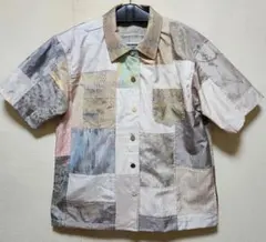 正絹白大島&淡色大島紬着物リメイクパッチワークレディースLsizeオ－バ－シャツ