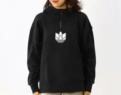アディダスオリジナルス　ハーフジップ　パーカー　ブラック　トレフォイル　フーディ